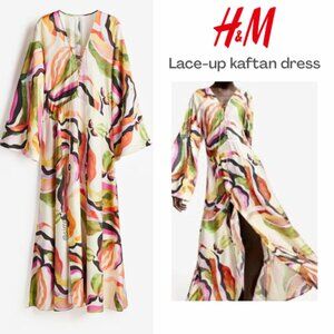 NEW - H&M Orange Pink Wrap Maxi Dress with Bishop Sleeves - SIZE S